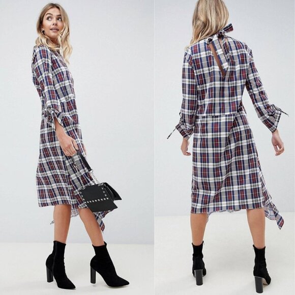 ASOS Soft Trapeze Midi Dress Pephem in Check Plaid Print Back Bow Ruffle Hem - Picture 1 of 12